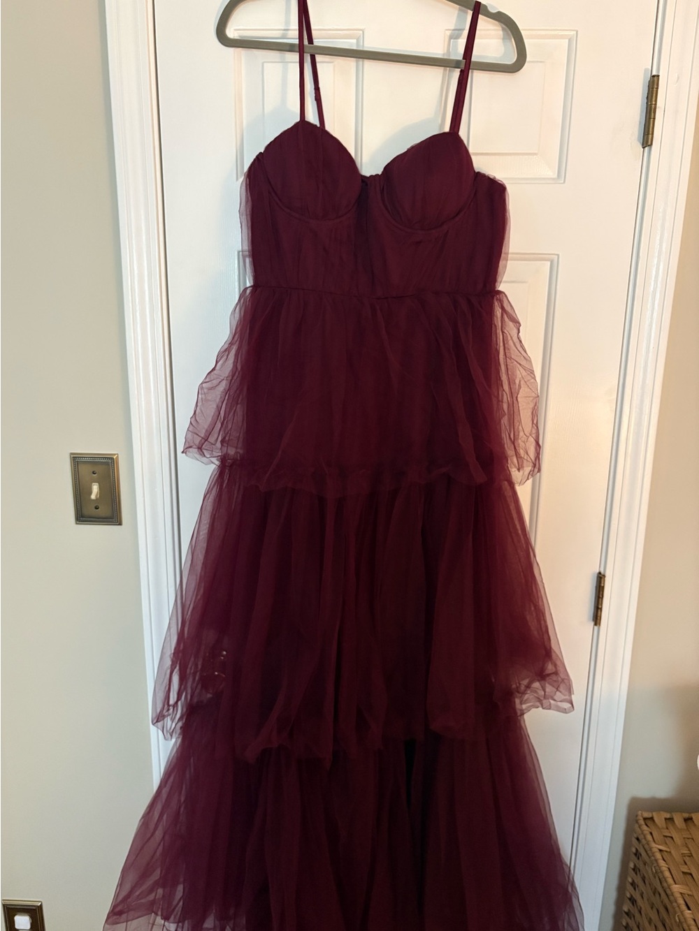 Burgundy Tulle Tiered Dress with Spaghetti Straps